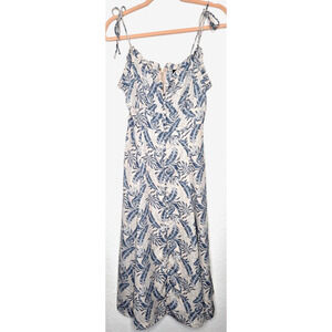 Womens Palm Print Midi Dress Medium Blue White‎ Tropical Leaf Button Up Vacation
